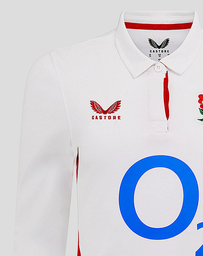 White Women’s England Rugby Home Classic long sleeve shirt with red trim, rose crest left chest, O2 center, Castore branding