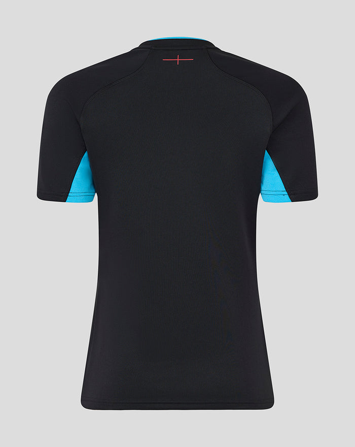 Back view of Women’s England Rugby Alternate Short Sleeve Replica Shirt in black with turquoise underarm panels.