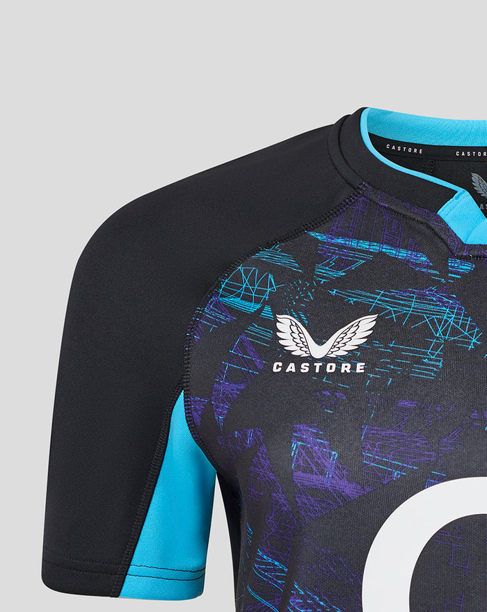 Women’s England Rugby Alternate Short Sleeve Replica Shirt in black with blue trim and bold front graphic.