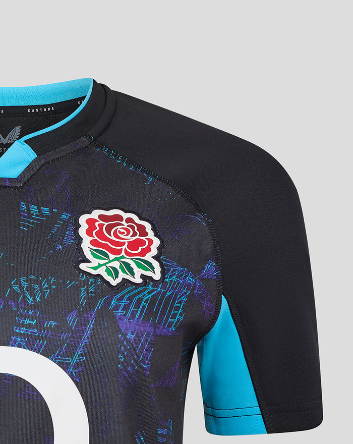 RFU Women’s England Rugby Alternate Shirt close-up showing Rose crest on chest and turquoise sleeve panels.
