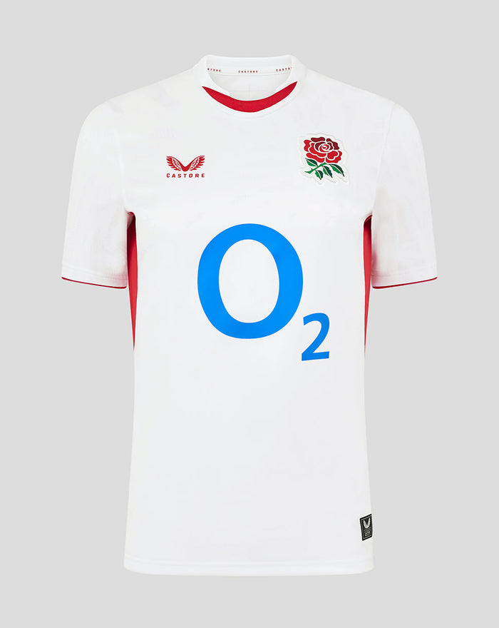England Rugby home white short sleeve replica shirt with large blue O2 sponsor logo across the front and rose crest on the chest.
