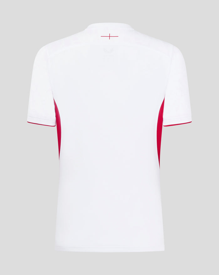 Back view of a white women's England Rugby Home shirt showing red neck trim and red cross detail at the upper back.
