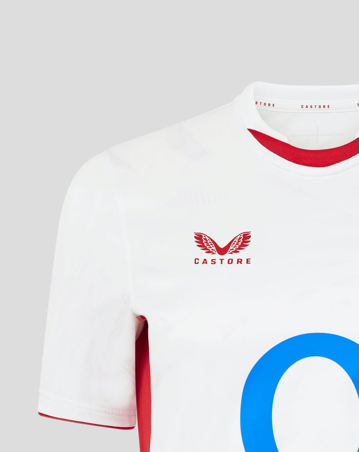 Neckline close up of white England Rugby Home shirt with red trim and rose crest visible on chest