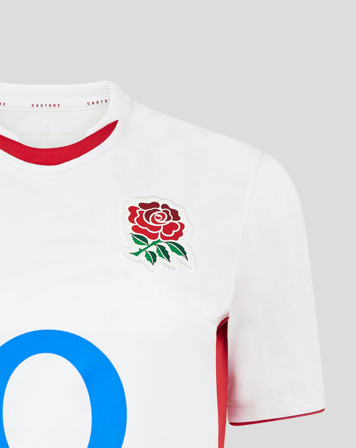White women's England Rugby Home shirt with red collar trim and a rose crest on the chest