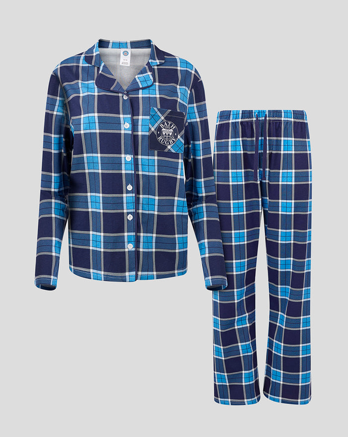 Blue plaid women's long pajama set with button front top and matching pants