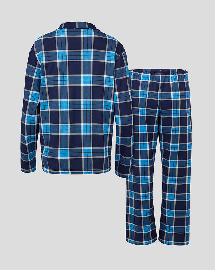 Back view of blue plaid women's long pajama set with elastic waistband pants