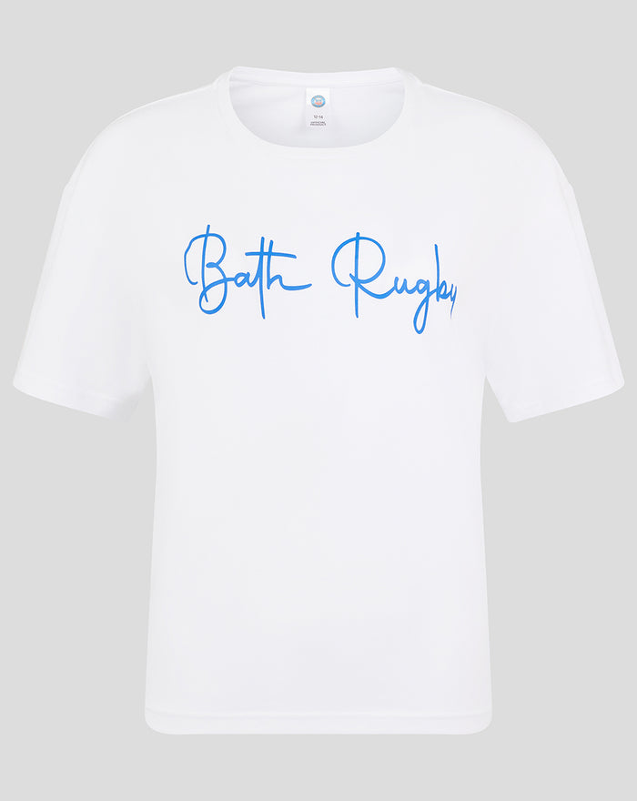 White short sleeve pyjama top with Bath Rugby blue script across the chest