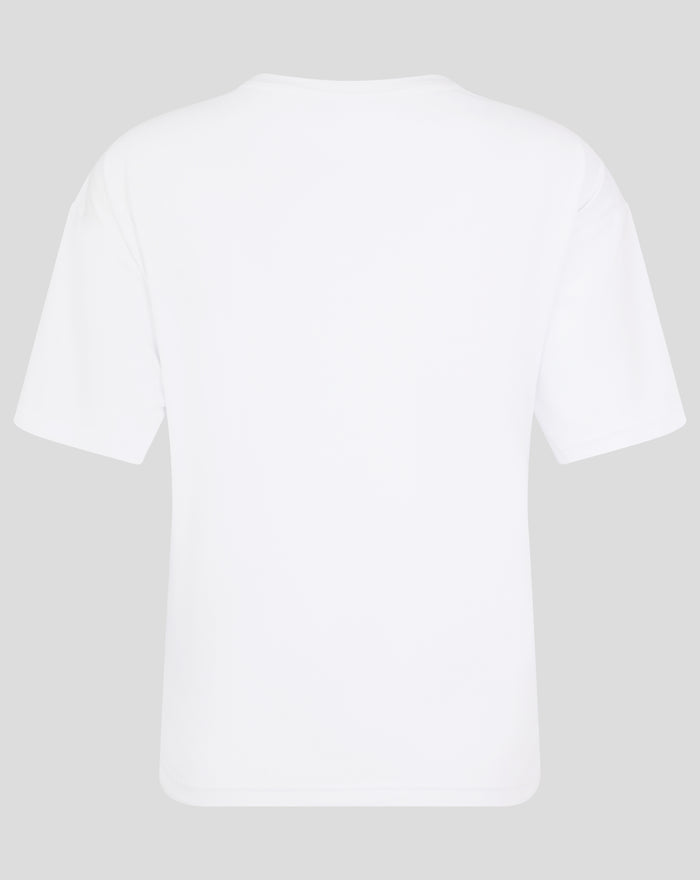Back view of white short sleeve T shirt with a blue Bath Rugby logo near the lower back