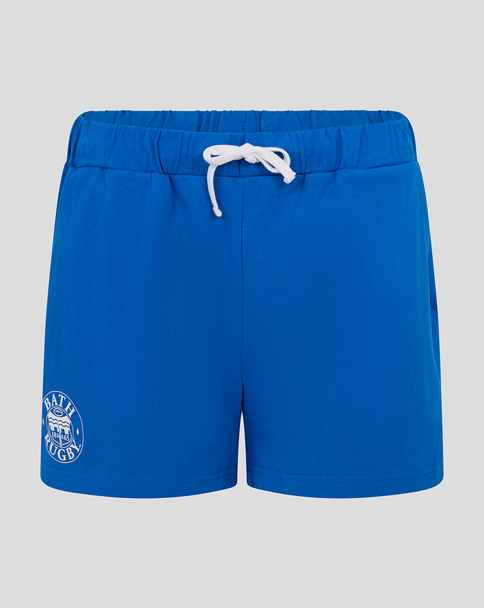 Bright blue shorts with a white drawstring and Bath Rugby crest on the left leg