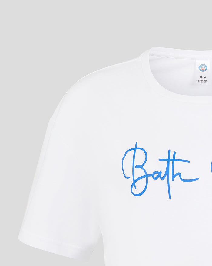 Close up of white T shirt showing blue Bath Rugby script on the chest