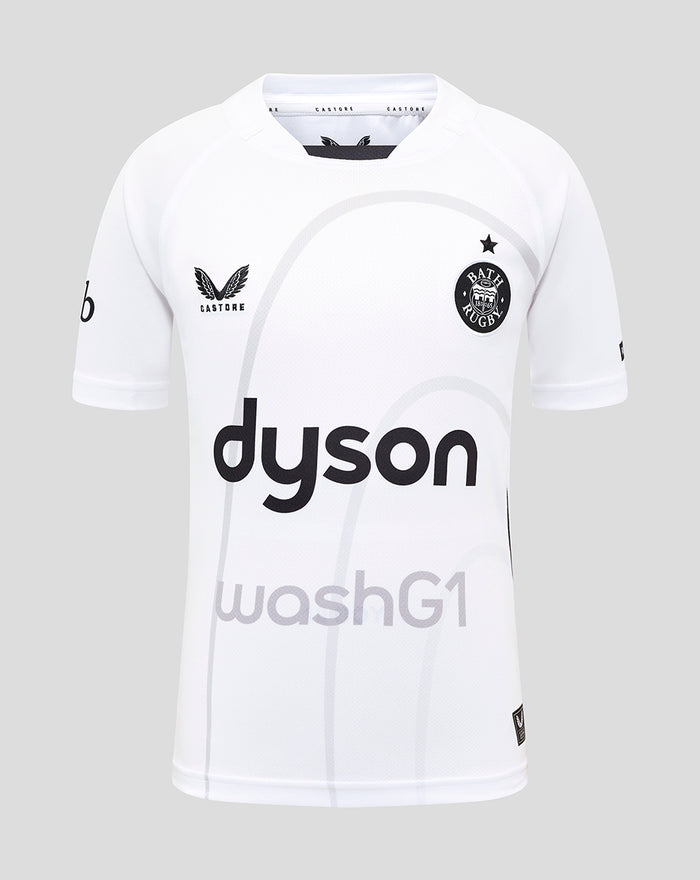 White Bath Rugby away replica shirt with Dyson sponsor across the front and Bath Rugby crest on the chest