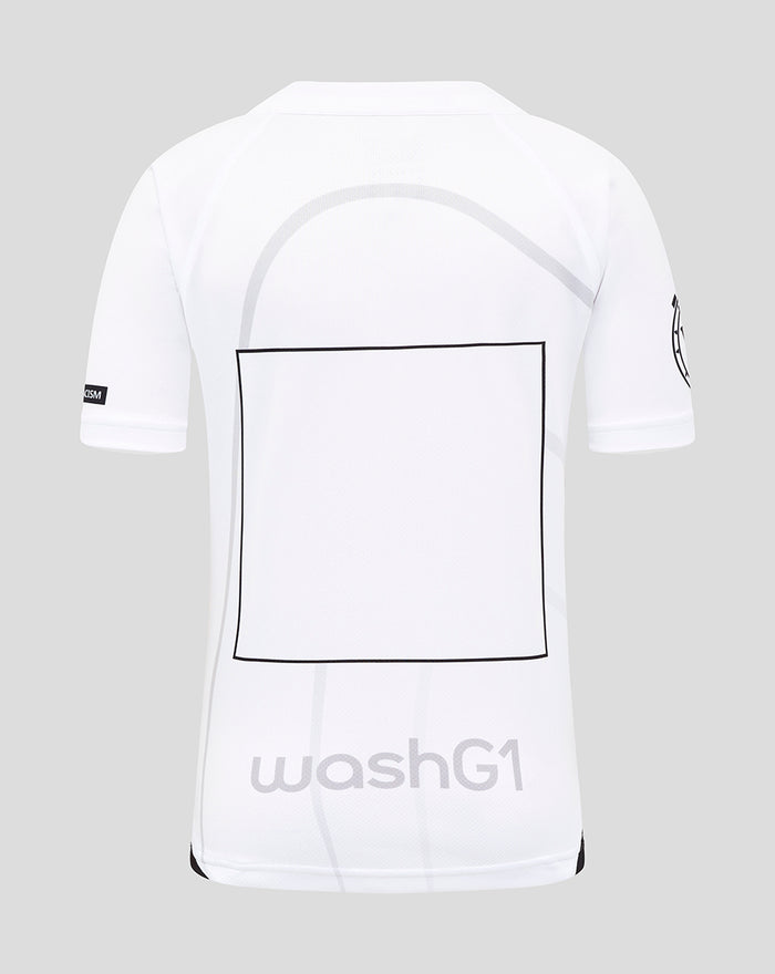 Back view of white Bath Rugby junior away replica shirt with a large outlined square graphic.