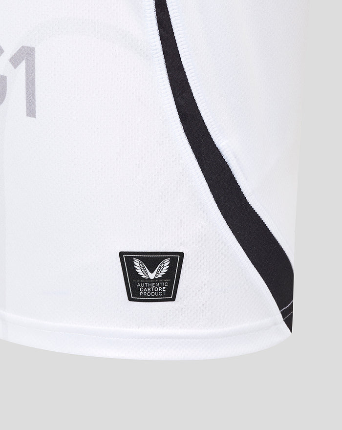 White Bath Rugby away shirt close up shows a black seam stripe and Castore badge