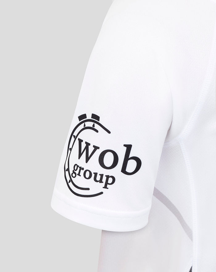 White Bath Rugby replica shirt sleeve featuring Wob group logo on the hem.