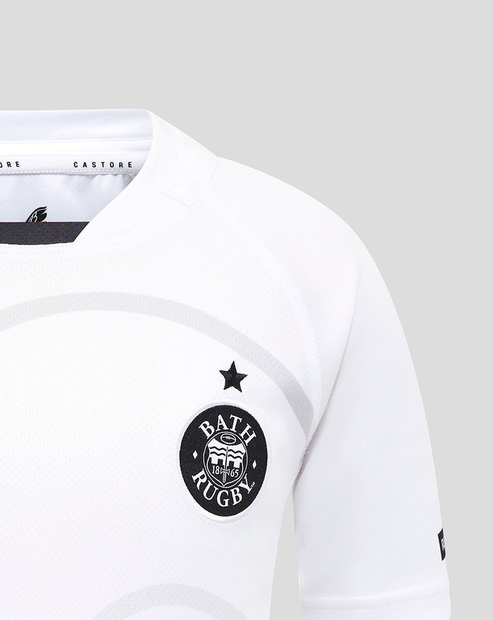 Bath Rugby crest on white away replica shirt with a star above