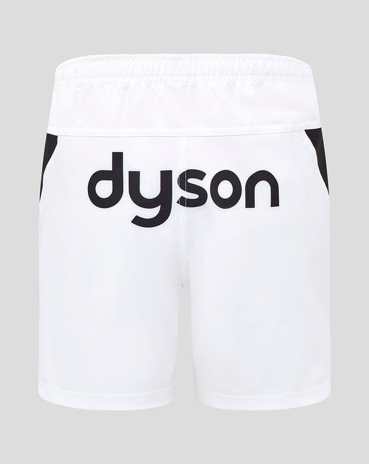 Back view of white junior away replica rugby shorts with elastic waistband and large dyson branding