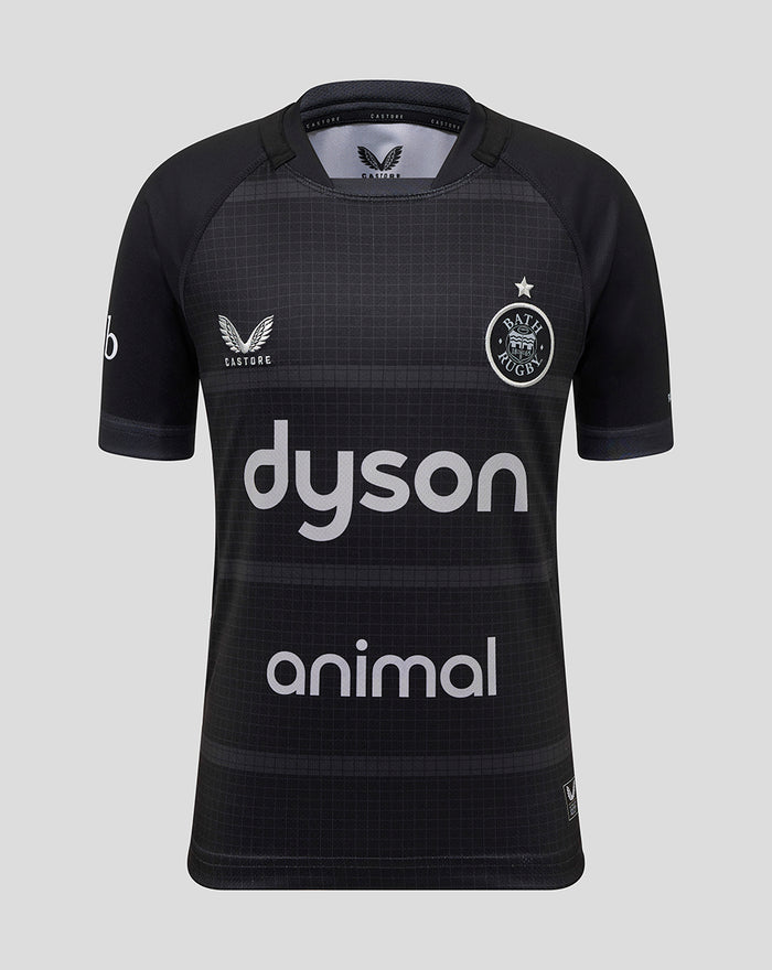 Front view of Junior Bath Rugby replica shirt in black with Bath Rugby crest on the chest and Dyson Animal sponsors across the torso
