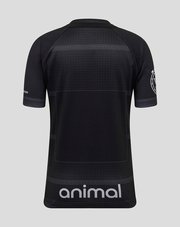 Back view of black Bath Rugby replica shirt with subtle grid pattern and large animal branding at the hem