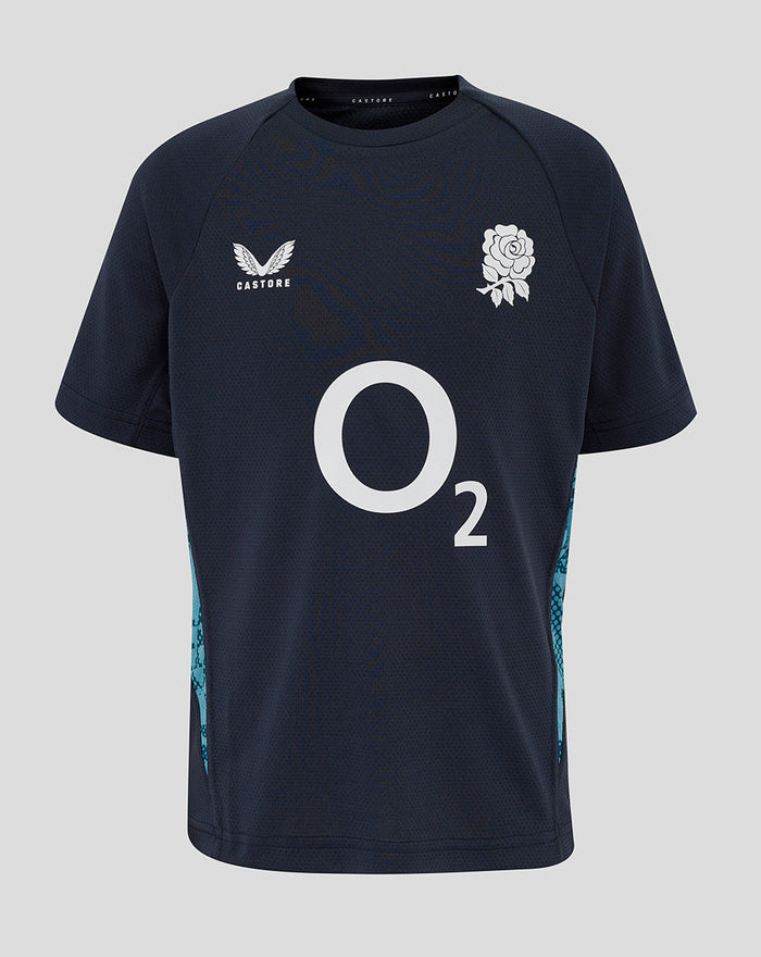 Front view of junior England Rugby performance short sleeve T shirt in inkwell navy with Castore logo on the left chest rose crest on the right chest and a large O2 logo centered