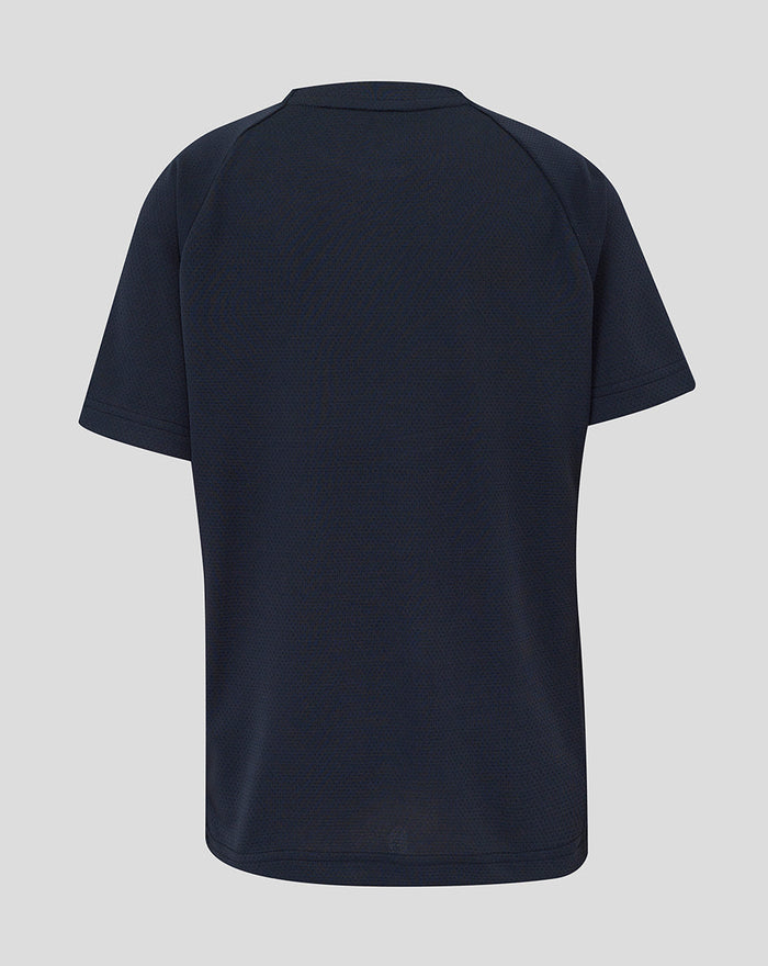 Back view of navy junior England Rugby performance short sleeve T shirt with a plain back and drop-back hem
