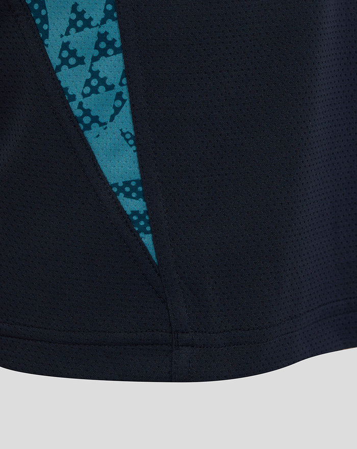 Navy England Rugby training T shirt with teal patterned side panel.