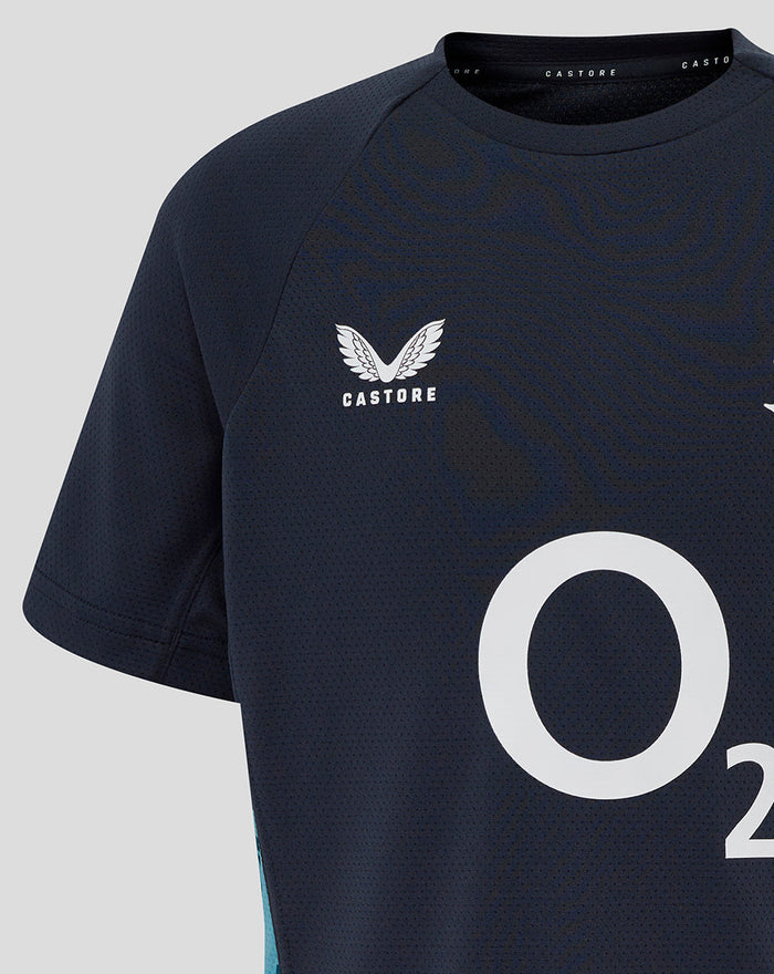 Navy Junior England Rugby performance T shirt with rose crest on left chest and large O2 logo center plus Castore branding.