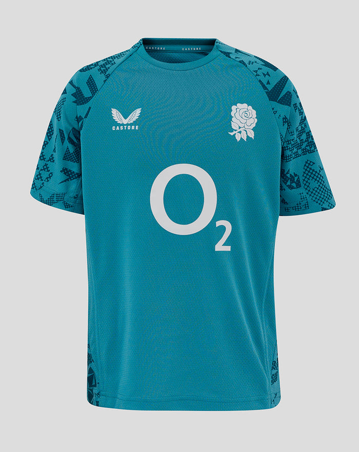 Front view of junior England Rugby storm blue short sleeve performance tee with rose crest left chest and large O2 center logo