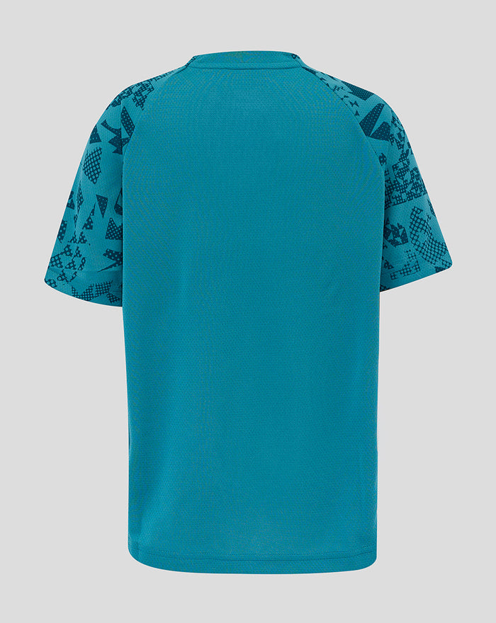 Back view of junior England Rugby storm blue short sleeve tee with patterned sleeves