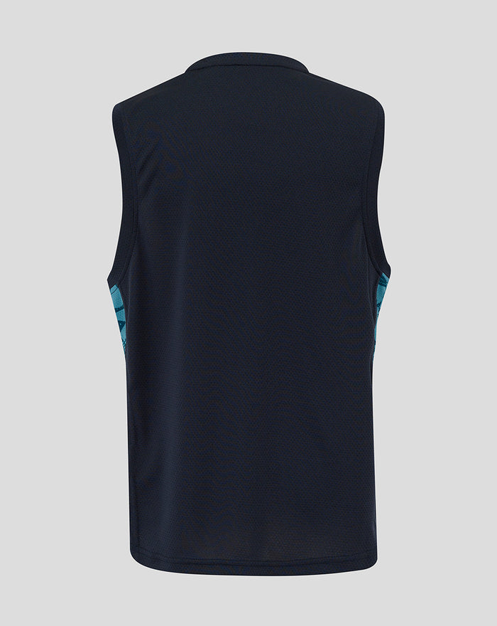 Back view of navy sleeveless England Rugby top with teal side panels