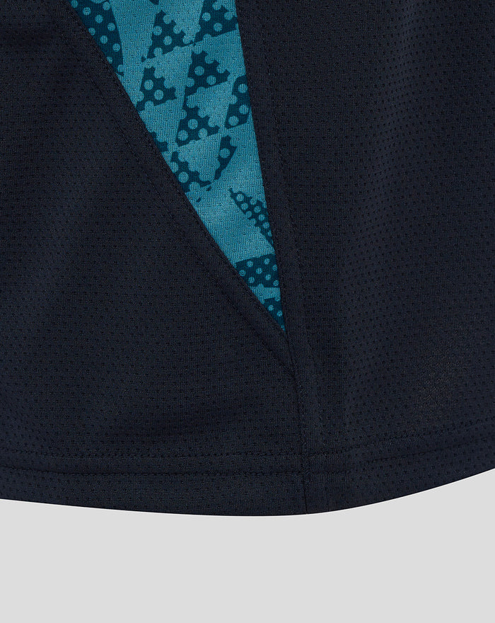 Teal printed side panel detail on navy England Rugby sleeveless T shirt