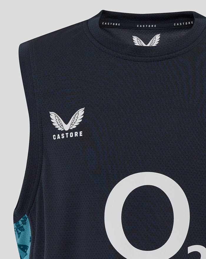 Close view of junior England Rugby sleeveless T shirt in navy with Castore logo on the chest and a large O2 graphic on the front