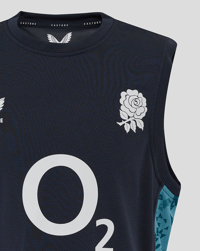 Close view of navy England Rugby sleeveless tee chest with white rose crest and teal side panel