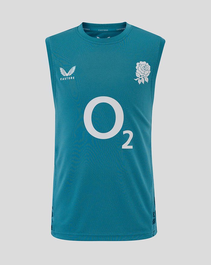 Storm blue junior England Rugby sleeveless performance shirt with large O2 logo center and rose crest left chest