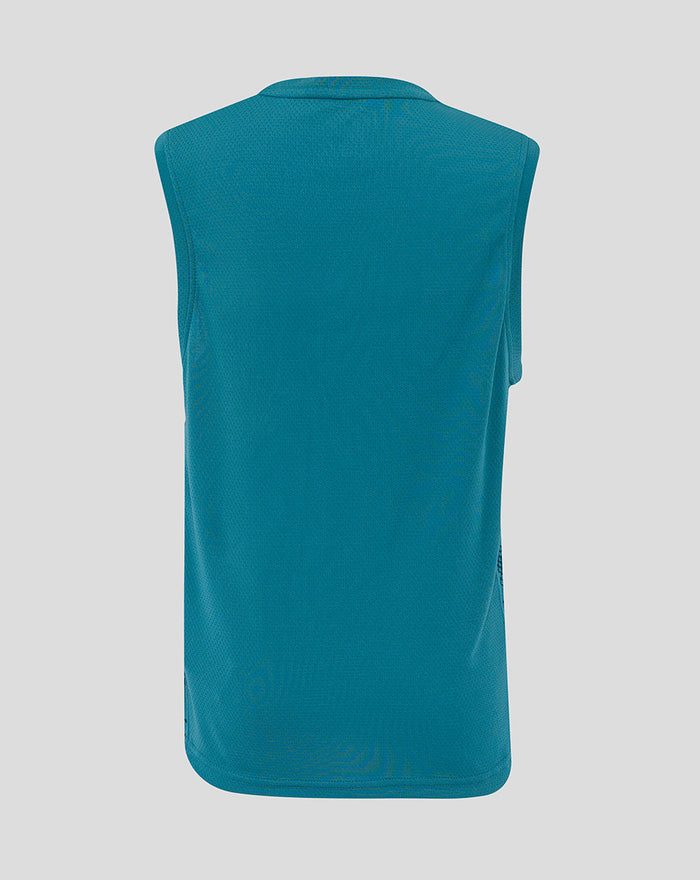 Back view of junior storm blue sleeveless England rugby T-shirt with textured fabric