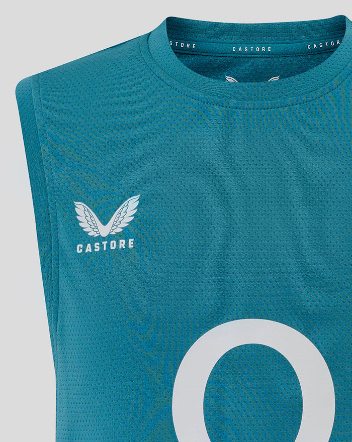 Close-up of storm blue sleeveless rugby T-shirt front showing large white O graphic and collar branding