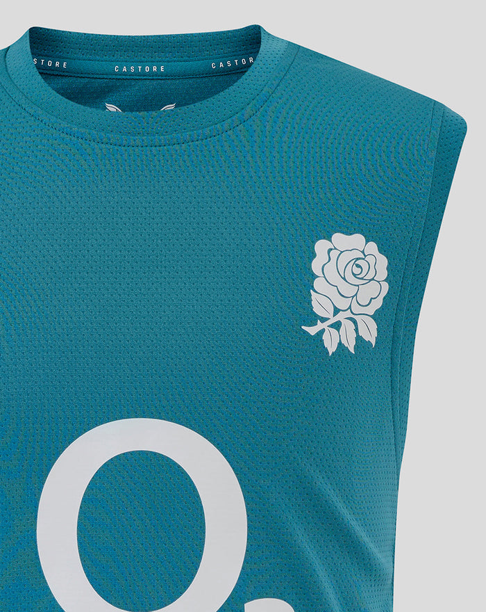Storm blue sleeveless rugby T-shirt close-up with white rose crest on chest and large white O graphic