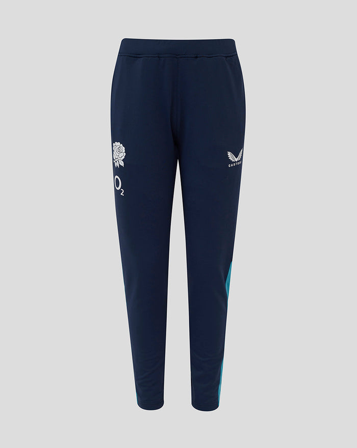 Front view of navy Junior England Rugby Knit Pants with rose crest and O2 logo on the left thigh and Castore logo on the right thigh