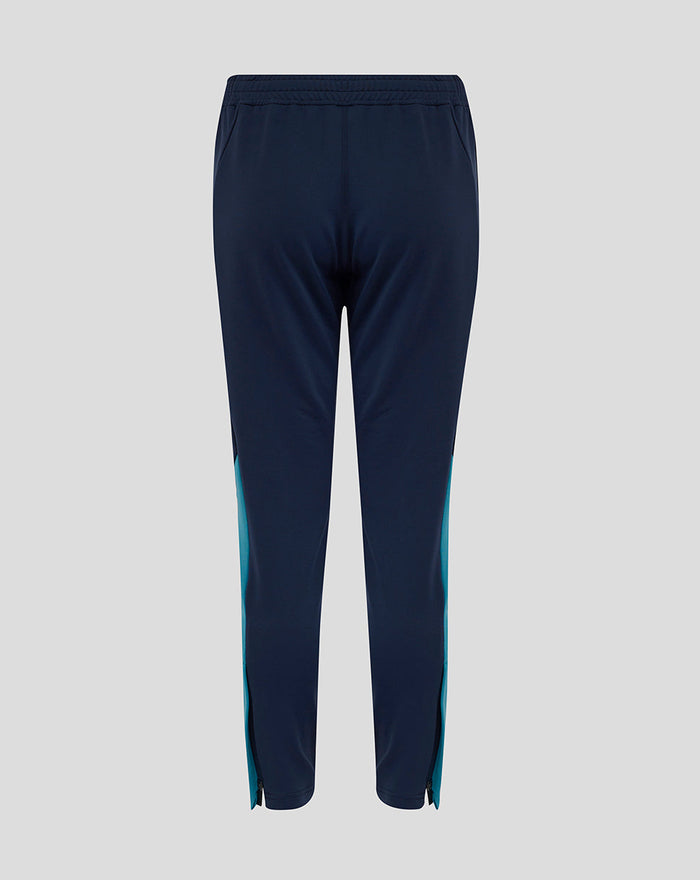 Back view of navy Junior England Rugby Knit Pants with elasticated waistband and teal side panels