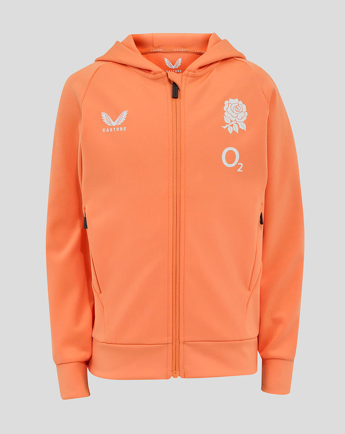 Front view of melon colored Junior England Rugby performance full zip hoodie with three piece hood and chest logos