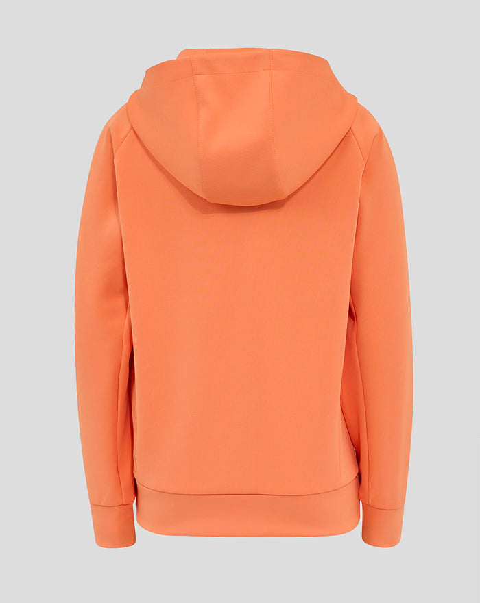 Back view of bright melon Junior England Rugby full zip hoodie showing hood and clean back panel