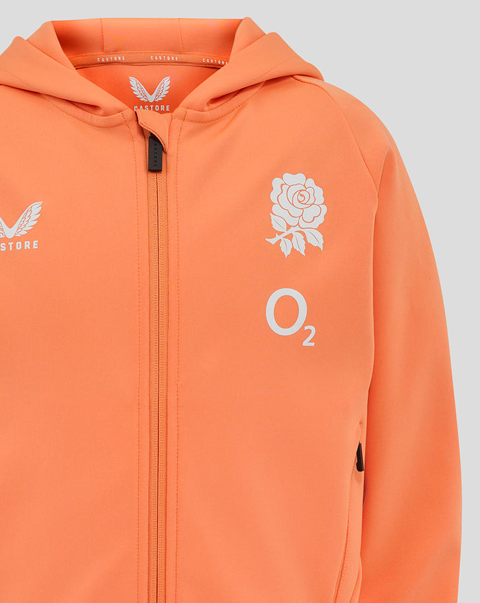 Bright melon hoodie with full front zip and three piece hood showing white rose crest, O2 logo, and Castore branding on the chest.