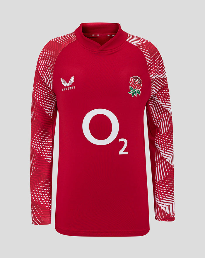 England Rugby junior 25/26 pre match drill top in Jester Red with O2 sponsor logo and white rose crest on the chest