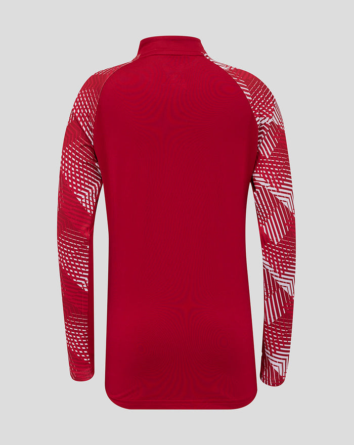 Back view of England Rugby junior 25/26 pre match drill top in Jester Red with geometric white patterned sleeves