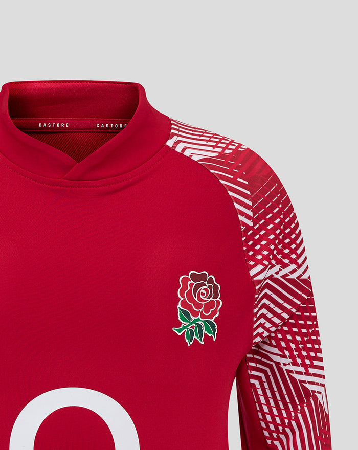 Close-up of red England Rugby drill top with white rose crest on left chest