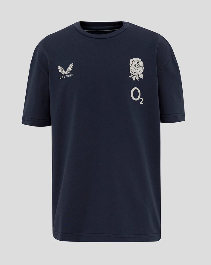 Navy junior England travel short sleeve T shirt with rose crest and Castore logo on chest and O2 graphic on front