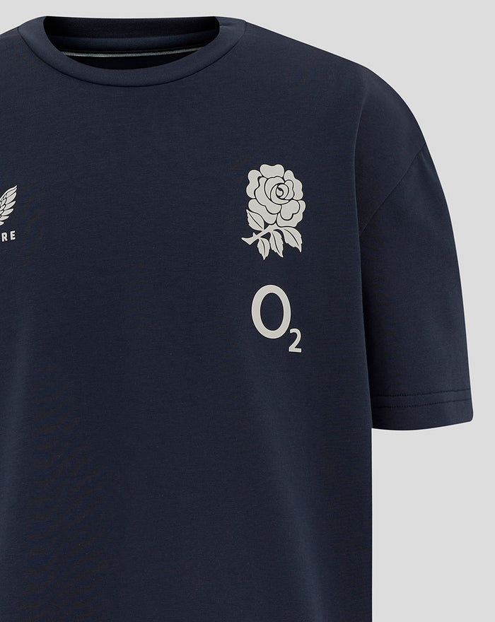 Front view of navy England Rugby Travel Short Sleeve T Shirt with rose crest left chest and Castore logo right chest