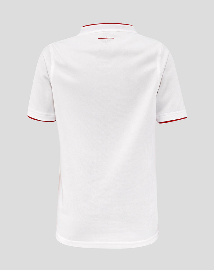 Back view of white Junior England Rugby Home Pro shirt with red collar trim and red sleeve piping.