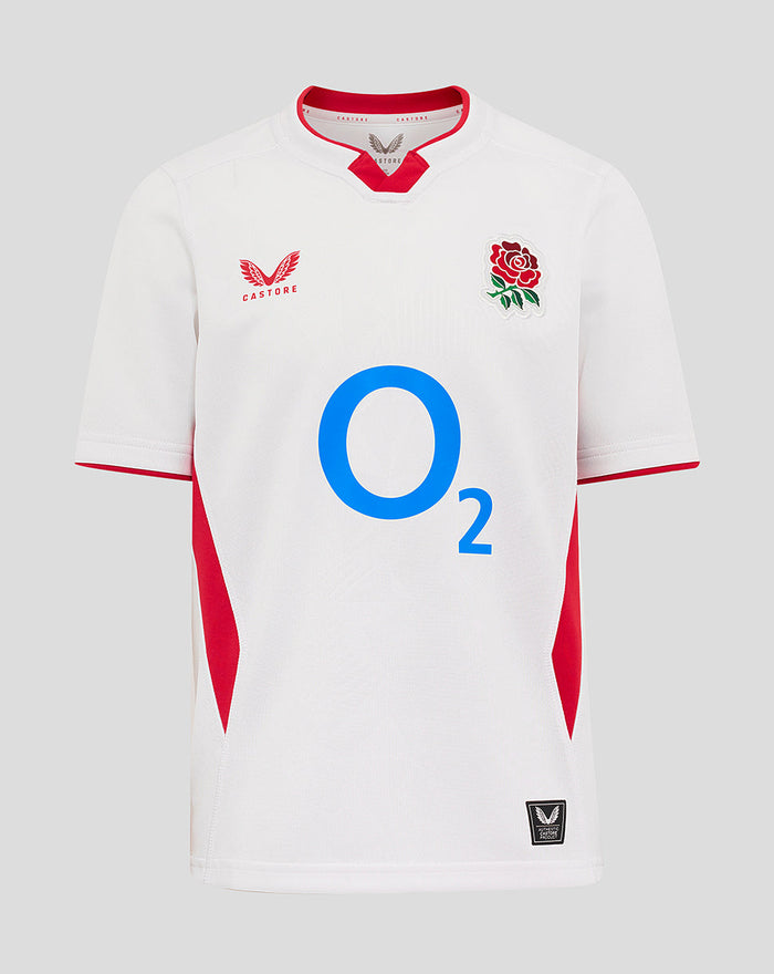 Junior England Rugby 25/26 Home Shirt white with red trim, large O2 logo center and heat seal rose crest left chest.
