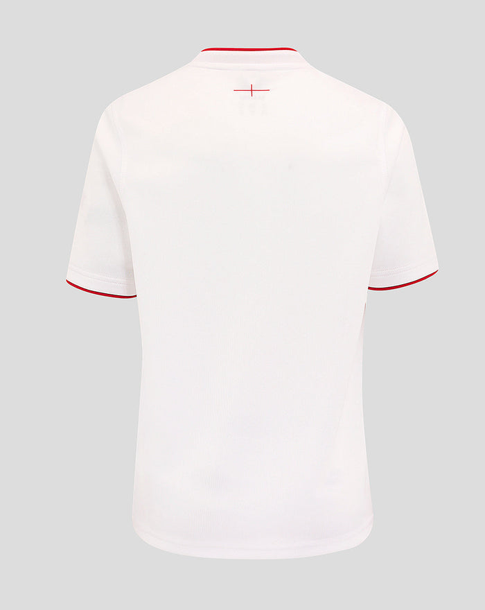Back view of white Junior England Rugby Home Shirt with red collar trim and red sleeve edging