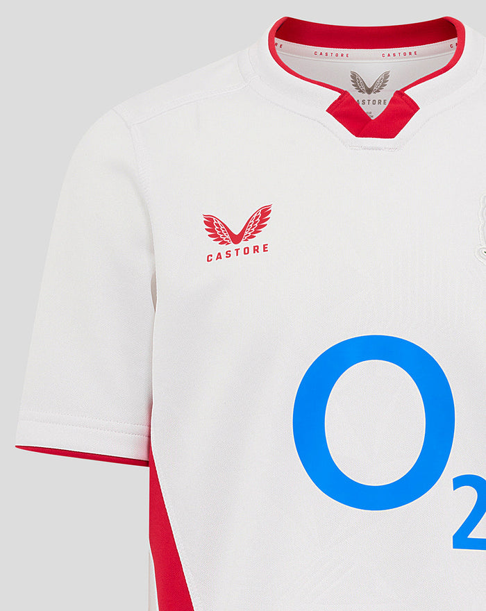 Close-up of white rugby shirt showing collar trim and O2 logo on the front with the rose crest visible